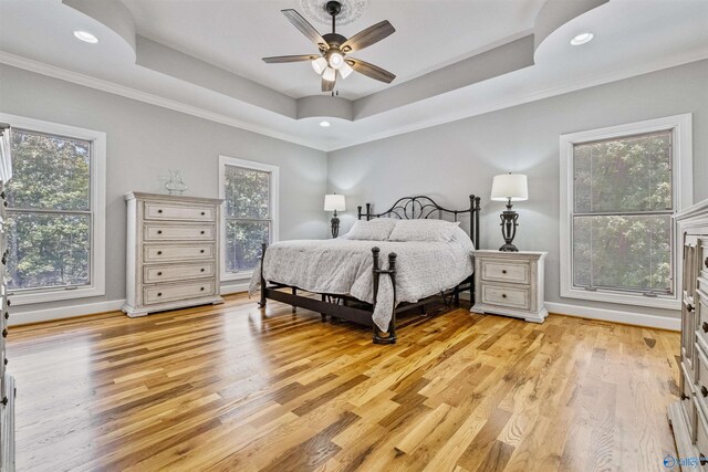 bedroom with ceiling fan, light hardwood / wood-style flooring, a tray ceiling, and multiple windows