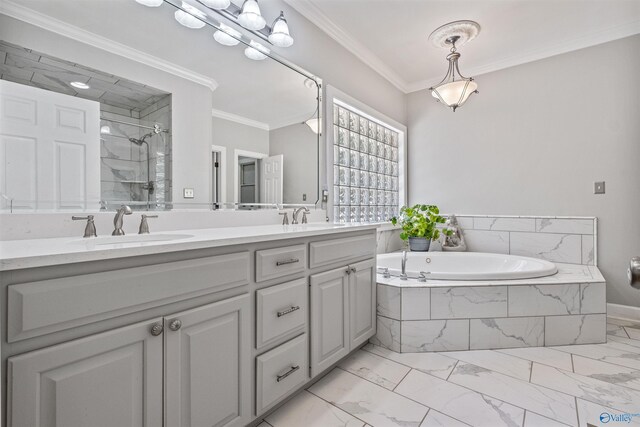 bathroom featuring tile patterned floors, double sink vanity, shower with separate bathtub, and ornamental molding