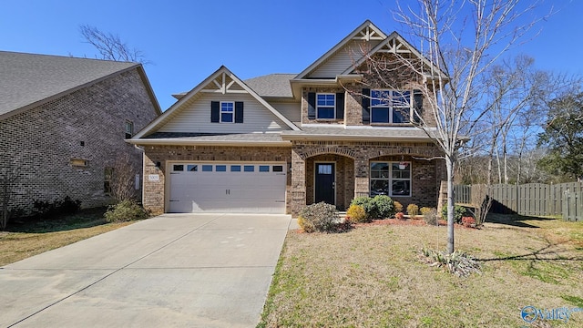 craftsman-style home with a garage, brick siding, a shingled roof, fence, and driveway