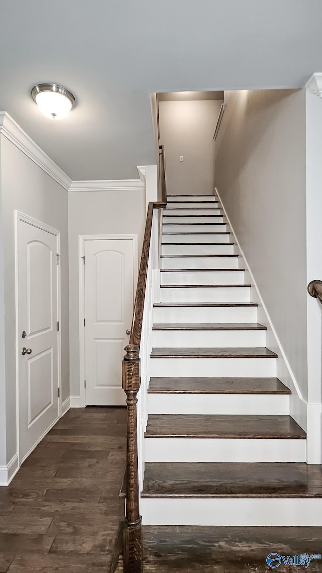 stairway featuring baseboards, wood finished floors, and crown molding