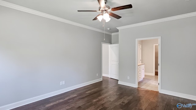 unfurnished bedroom featuring ornamental molding, ceiling fan, baseboards, and wood finished floors