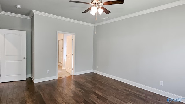 unfurnished bedroom featuring dark wood-style floors, ornamental molding, visible vents, and baseboards