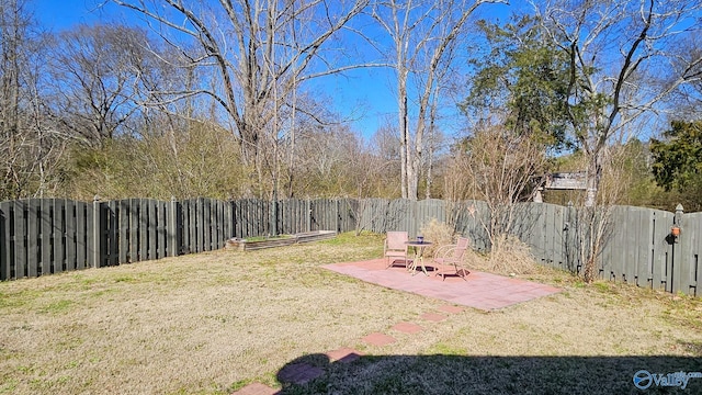 view of yard with a garden, a fenced backyard, and a patio