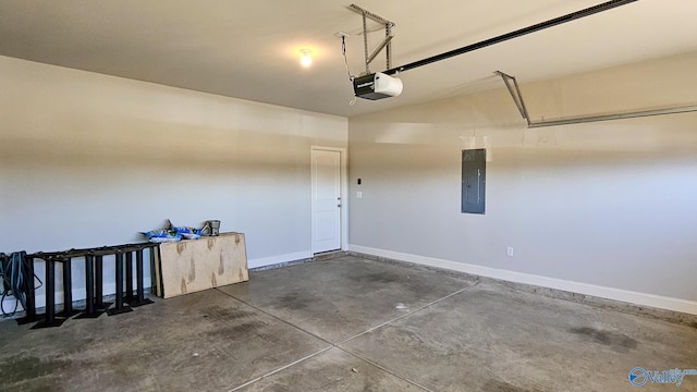 garage featuring electric panel, baseboards, and a garage door opener