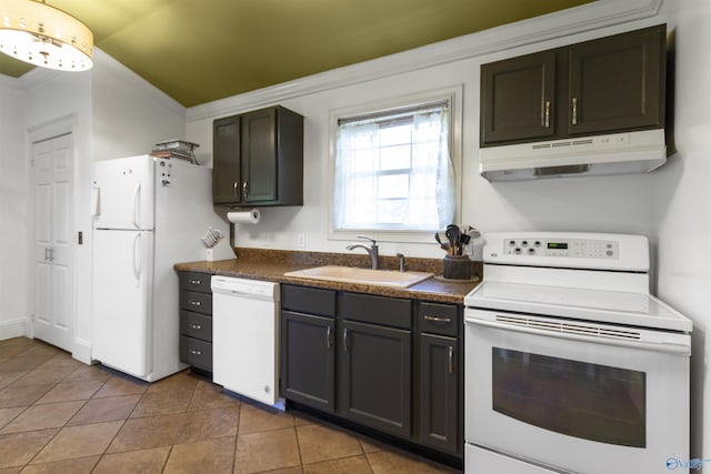 kitchen with a sink, white appliances, under cabinet range hood, crown molding, and dark countertops