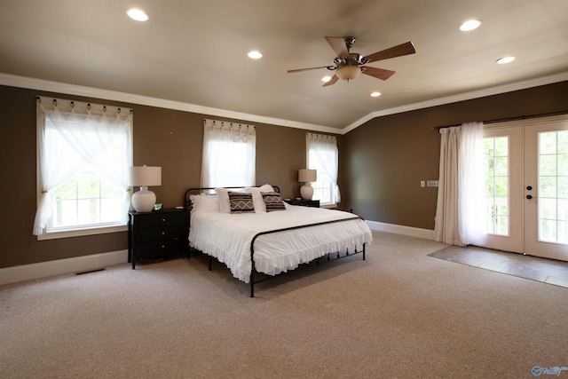 carpeted bedroom featuring crown molding, access to outside, baseboards, and recessed lighting