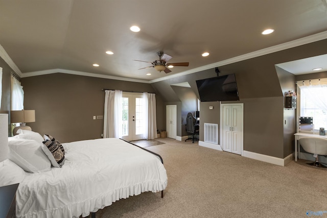 carpeted bedroom featuring lofted ceiling, visible vents, recessed lighting, crown molding, and baseboards