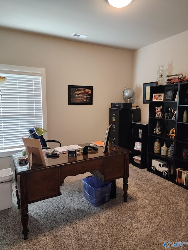 view of carpeted home office