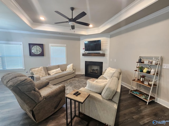 living room with a tray ceiling, dark wood-type flooring, crown molding, and a large fireplace