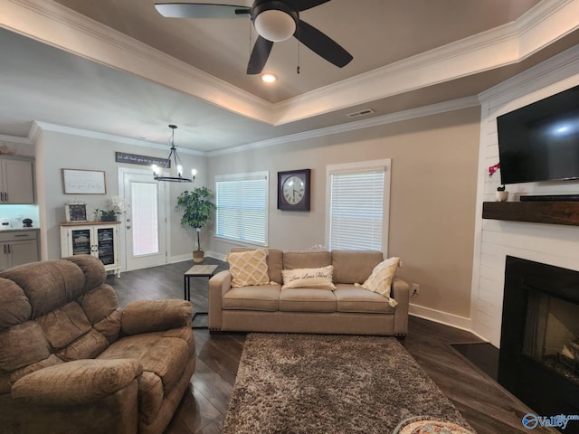 living room featuring a fireplace, ceiling fan with notable chandelier, a tray ceiling, dark wood-type flooring, and ornamental molding