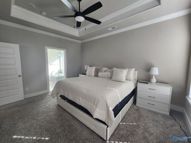 bedroom featuring ceiling fan, ornamental molding, and dark colored carpet