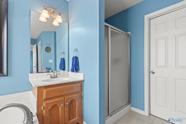 bathroom with tile patterned flooring, vanity, and an enclosed shower