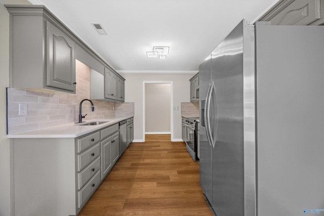 1417 Smith Ave SW, Decatur, AL 35603 - kitchen featuring appliances with stainless steel finishes, gray cabinets, a sink, tasteful backsplash, and wood finished floors