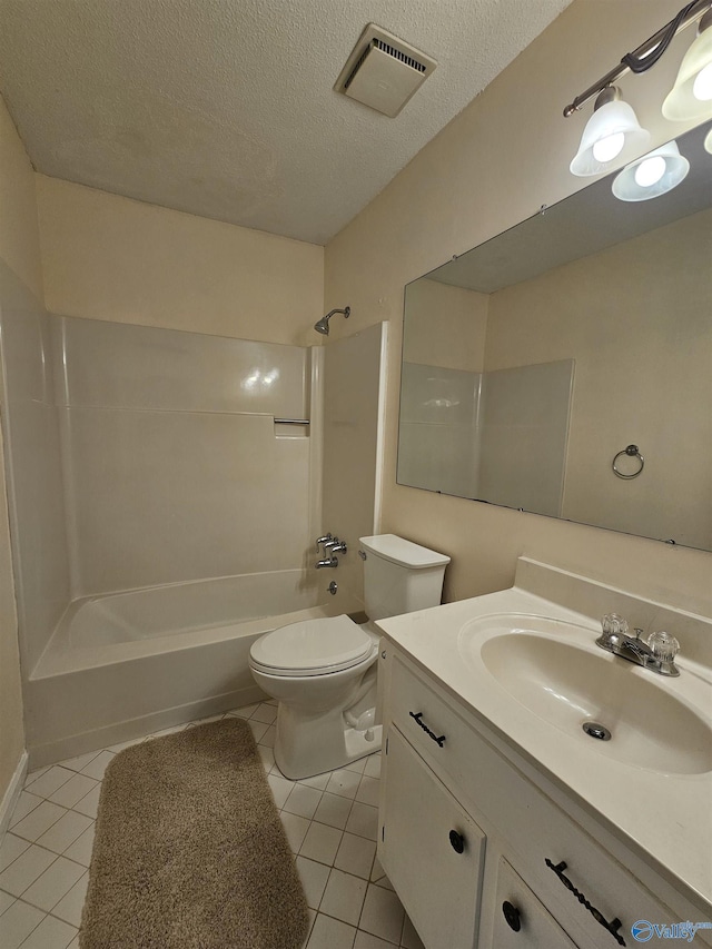 full bath with a textured ceiling, visible vents, tile patterned flooring, shower / bath combination, and toilet