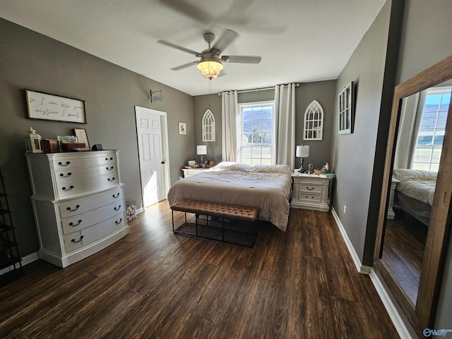 bedroom featuring dark wood finished floors, multiple windows, baseboards, and a ceiling fan
