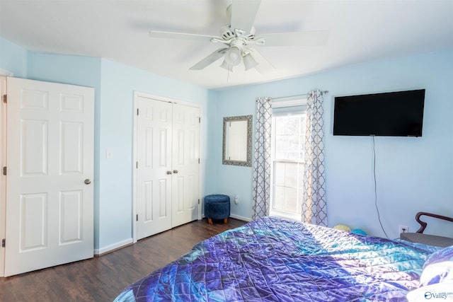 bedroom featuring ceiling fan, dark hardwood / wood-style floors, and a closet