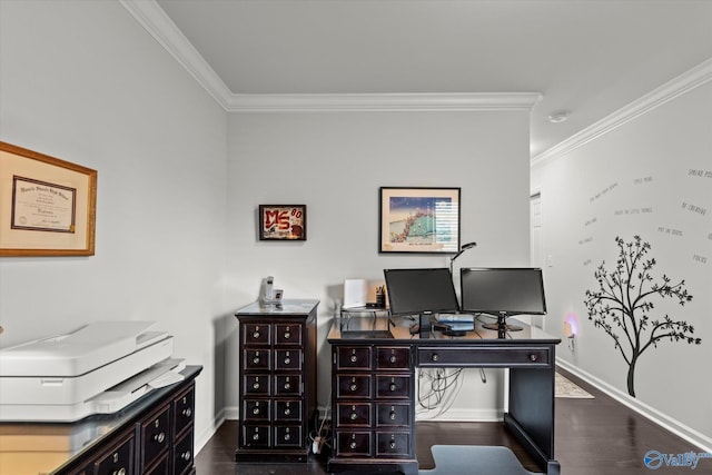 office space featuring ornamental molding, wood finished floors, and baseboards