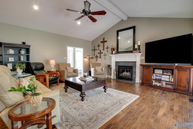1405 Cedarhurst Ct, Decatur, AL 35603 - living area featuring a ceiling fan, a fireplace with flush hearth, wood finished floors, beam ceiling, and recessed lighting
