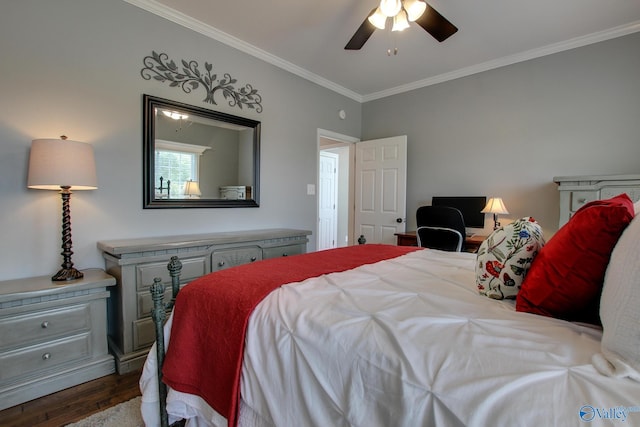 1405 Cedarhurst Ct, Decatur, AL 35603 - bedroom with ornamental molding, dark wood-style flooring, and a ceiling fan