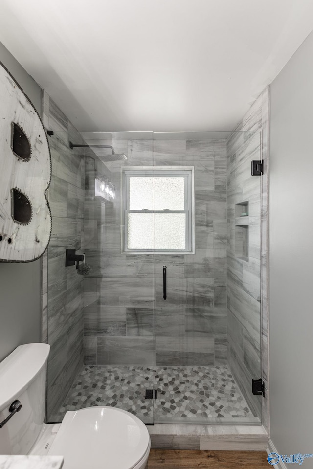 bathroom featuring a stall shower and toilet
