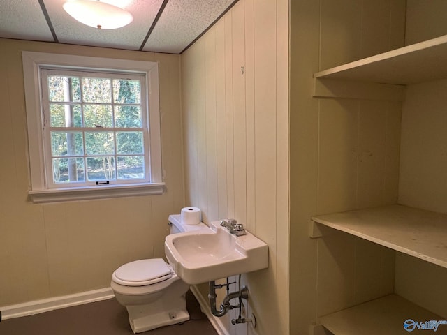 bathroom featuring toilet, wood walls, and a paneled ceiling