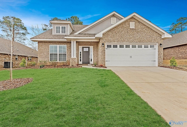 view of front facade featuring central AC, a front lawn, concrete driveway, a garage, and brick siding