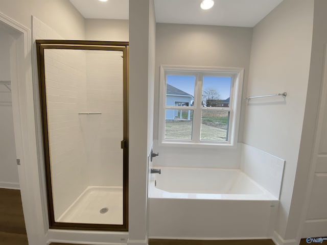 bathroom with wood-type flooring and plus walk in shower