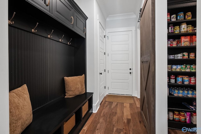 mudroom with ornamental molding, a barn door, and dark wood-type flooring