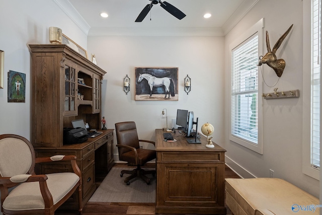 office with crown molding, ceiling fan, and hardwood / wood-style floors