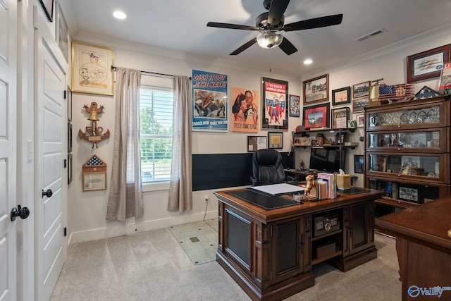 office area featuring light carpet, ornamental molding, and ceiling fan