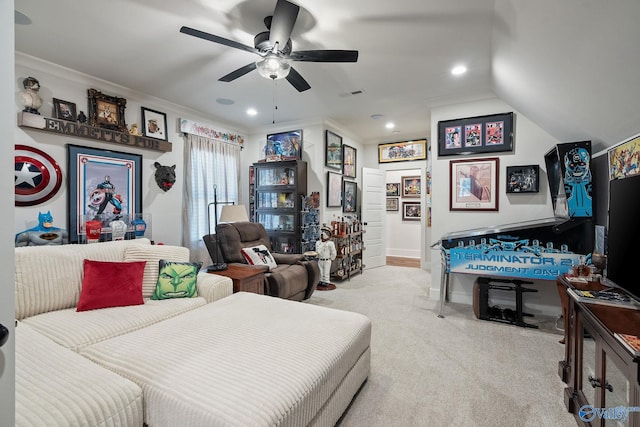 bedroom with light carpet and crown molding