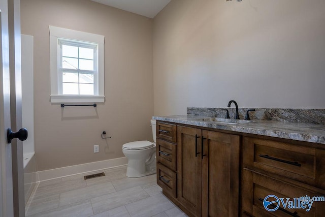 bathroom featuring vanity, toilet, baseboards, and visible vents