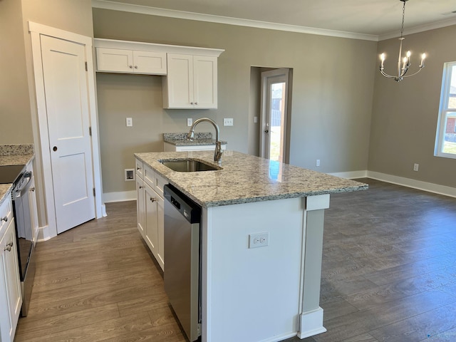 kitchen featuring white cabinets, ornamental molding, dark wood-type flooring, stainless steel dishwasher, and a sink