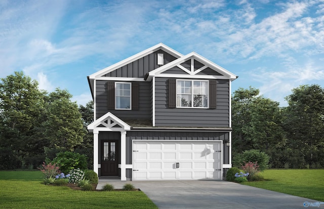 view of front of house with a garage and a front lawn