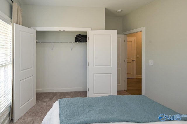 bedroom with a closet and light colored carpet