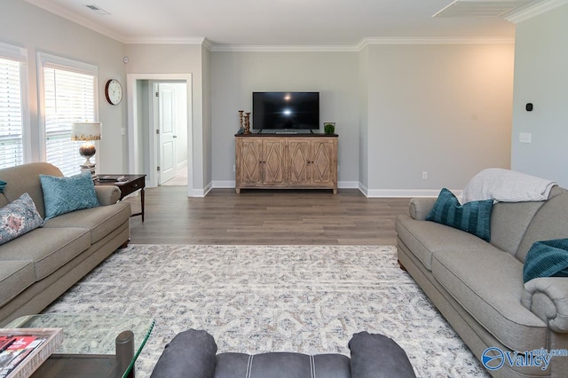 living room featuring wood-type flooring and ornamental molding