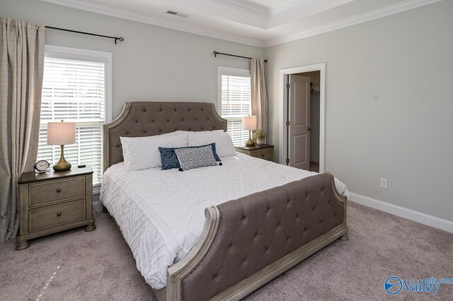 carpeted bedroom with a raised ceiling and ornamental molding