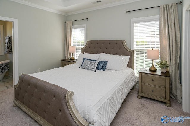 carpeted bedroom featuring ornamental molding