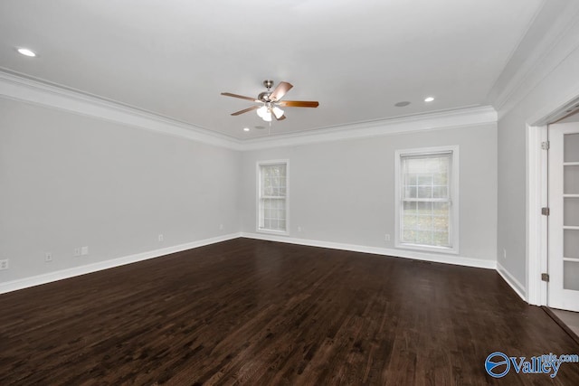 unfurnished room featuring ornamental molding, dark hardwood / wood-style floors, and ceiling fan