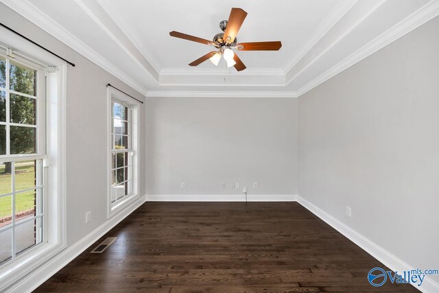 unfurnished room with dark hardwood / wood-style flooring, ceiling fan, ornamental molding, and a raised ceiling