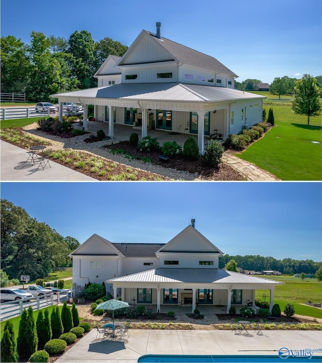 view of pool with fence, a yard, and a patio area