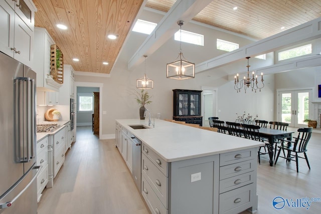 kitchen featuring a sink, light wood finished floors, wooden ceiling, and stainless steel appliances
