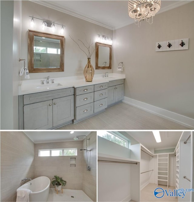 full bathroom with double vanity, walk in shower, ornamental molding, and a sink