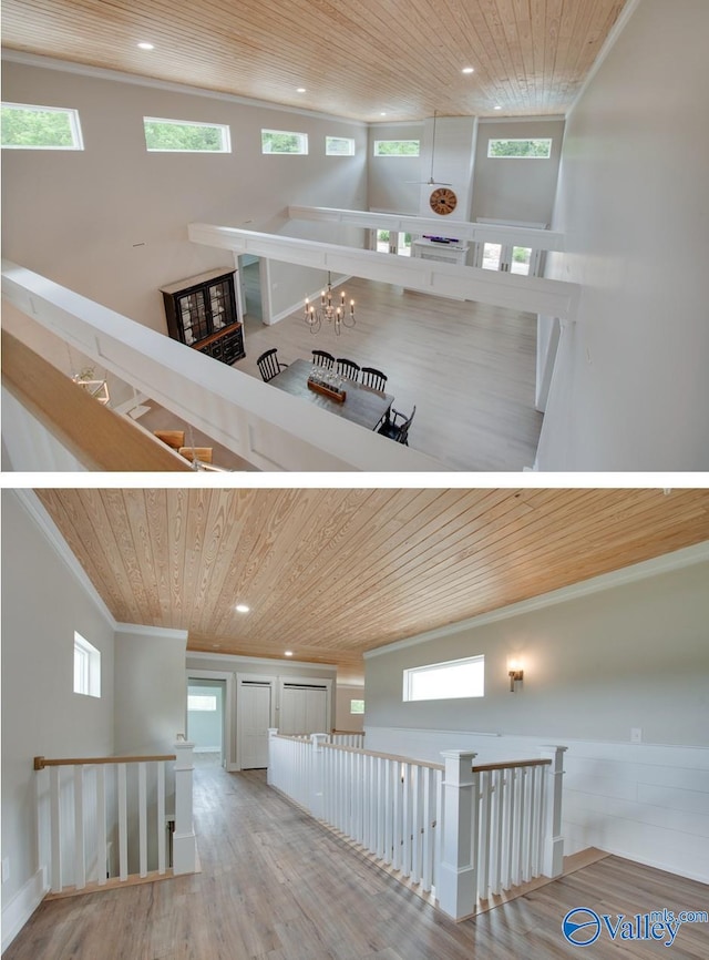 interior space featuring recessed lighting, ornamental molding, and wooden ceiling