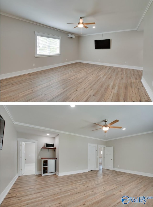 unfurnished living room featuring ceiling fan, recessed lighting, and light wood-style flooring