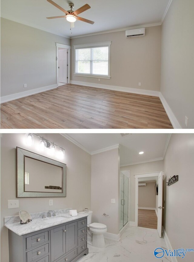 bathroom featuring ceiling fan, a shower stall, a wall mounted air conditioner, toilet, and ornamental molding