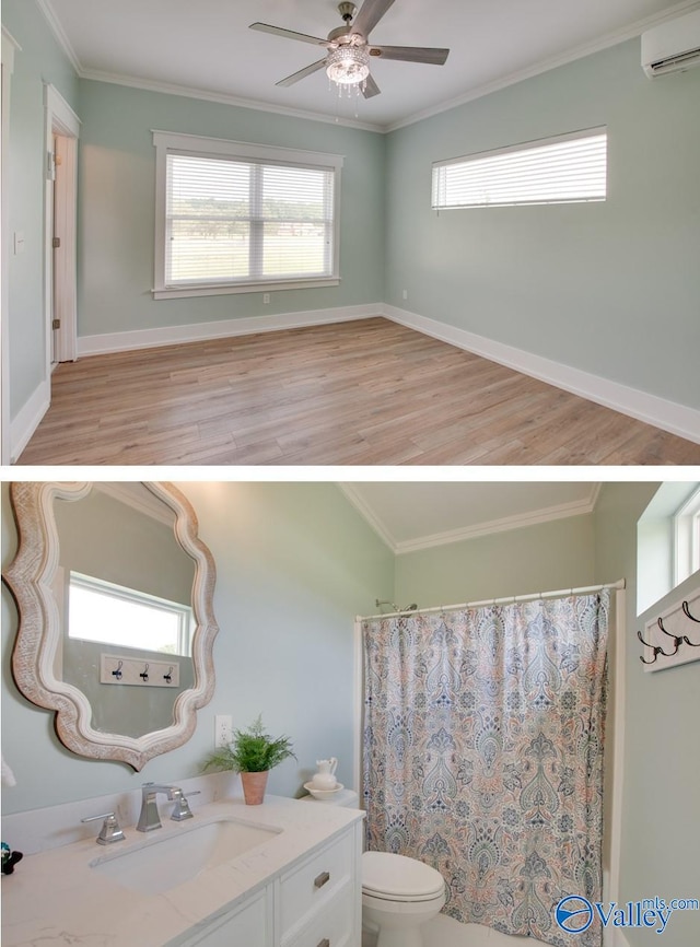 full bathroom featuring an AC wall unit, crown molding, wood finished floors, and toilet