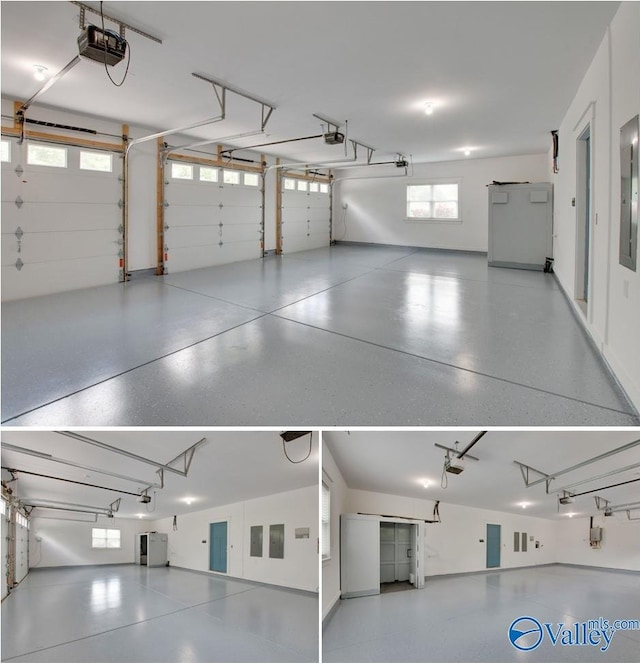 garage with a garage door opener and electric panel