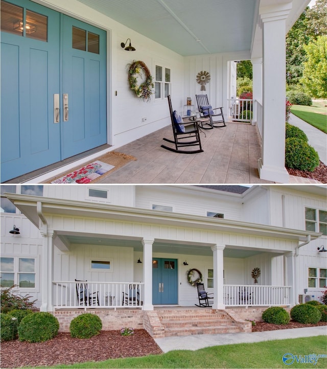 exterior space featuring board and batten siding and a porch