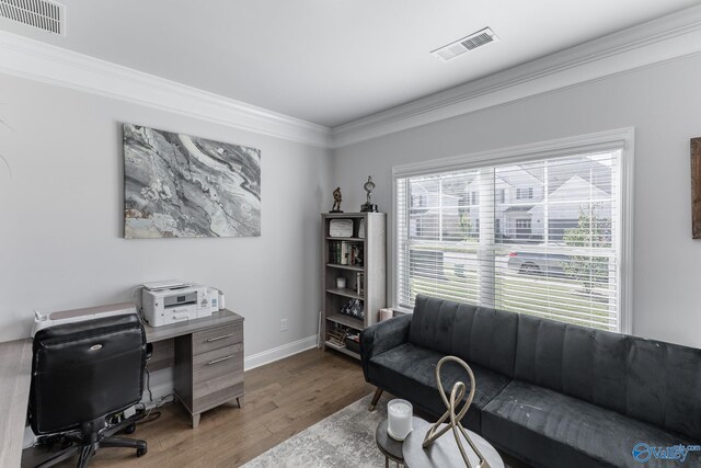 office space with wood-type flooring and ornamental molding